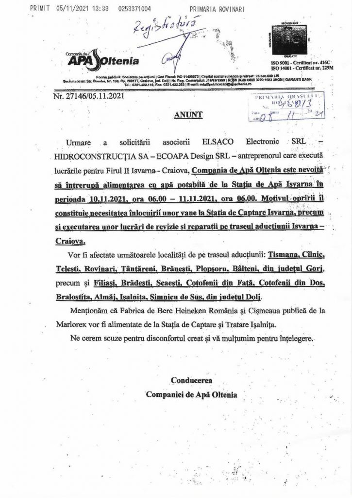 anunt-compania-de-apa - Jurnalul Olteniei – Știri din Craiova și Oltenia